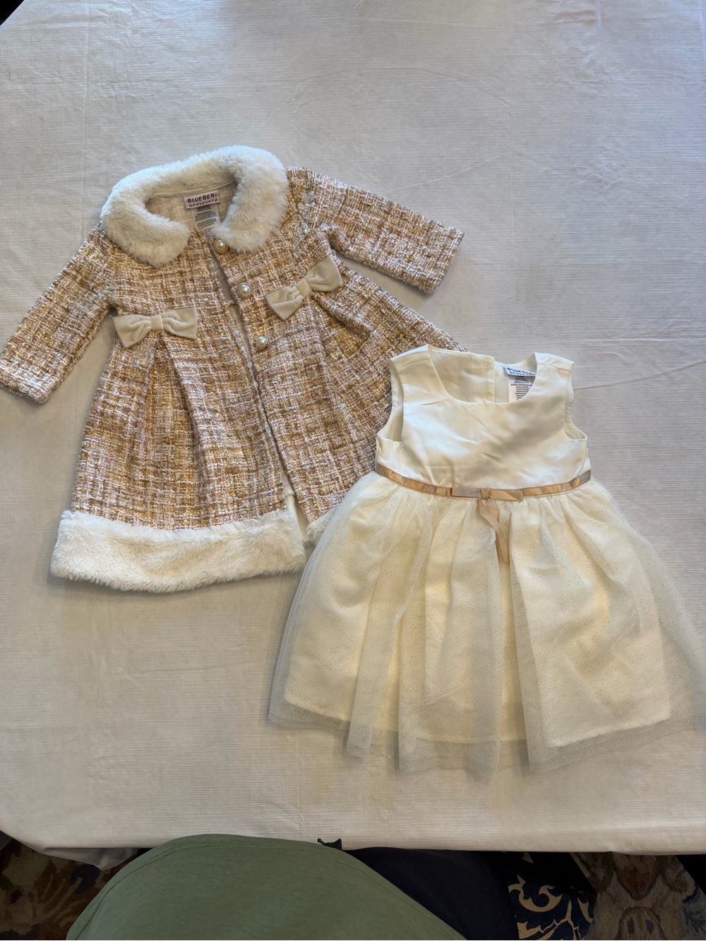 Blueberi Boulevard Girls Cream and Beige Tweed Coat with Ivory Party Dress